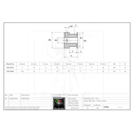 Zahnriemenrad GT2 / 10mm breit Ø5 mm 20 teeth
