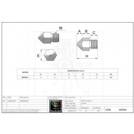 Boquilla de latón Mod A  Ø0.2 mm - 1.75 mm filament