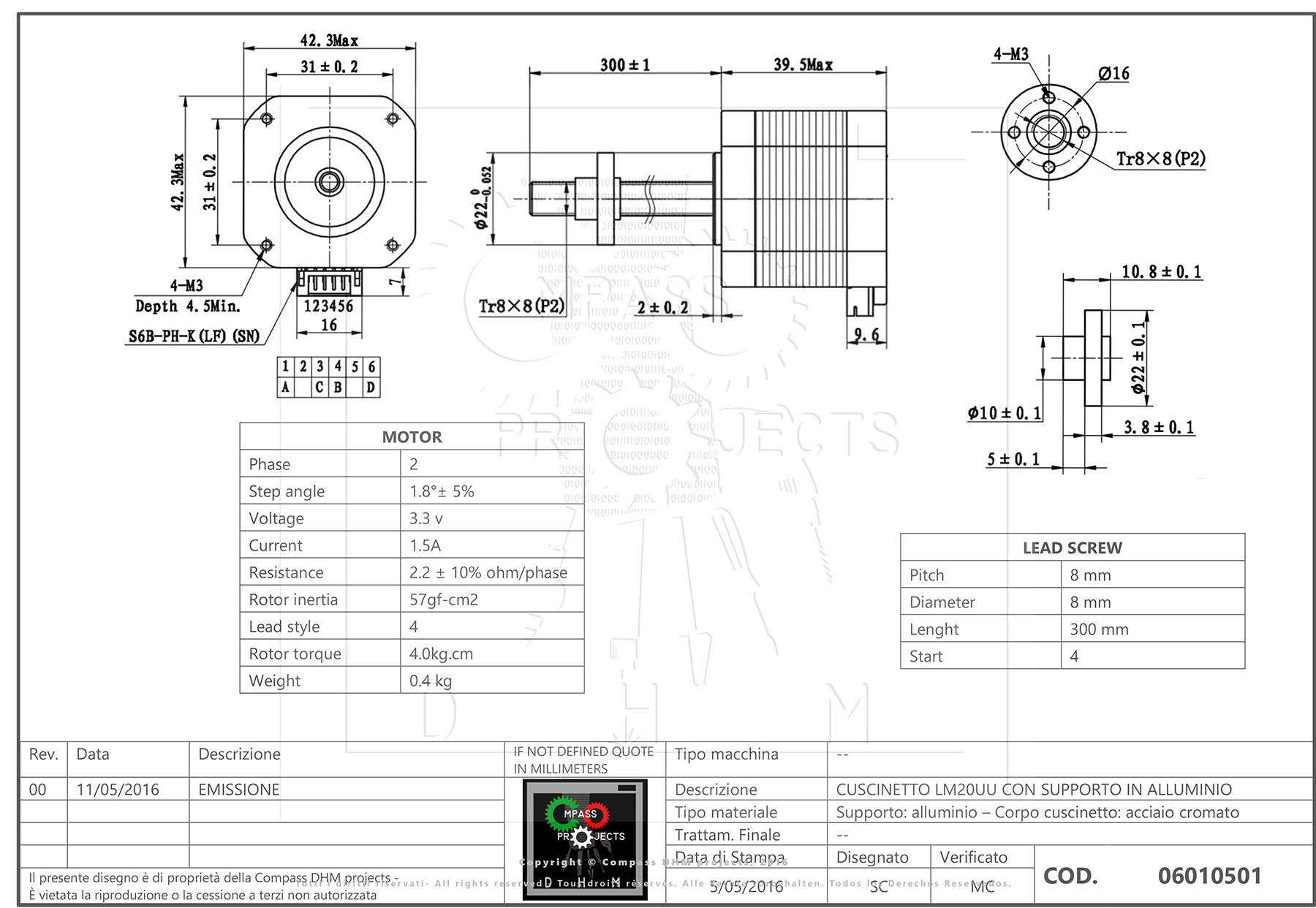 Step Motor NEMA 17 with trapezium screw 8mm 30cm