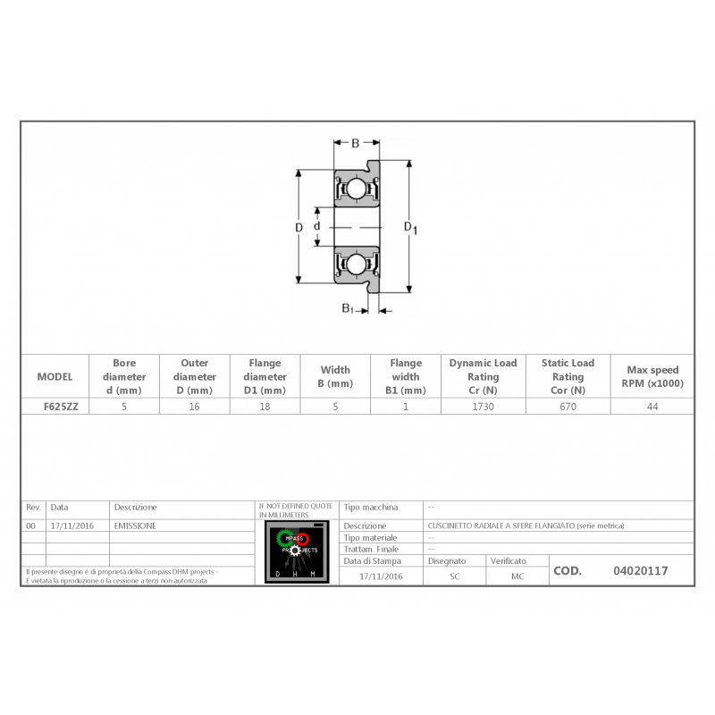 Flanged ball bearing F625ZZ