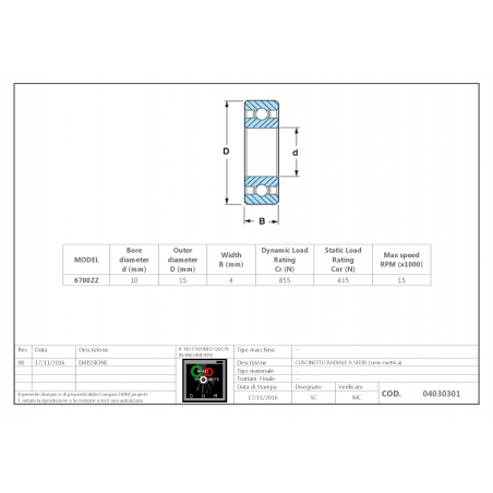 Roulement à billes 6700ZZ