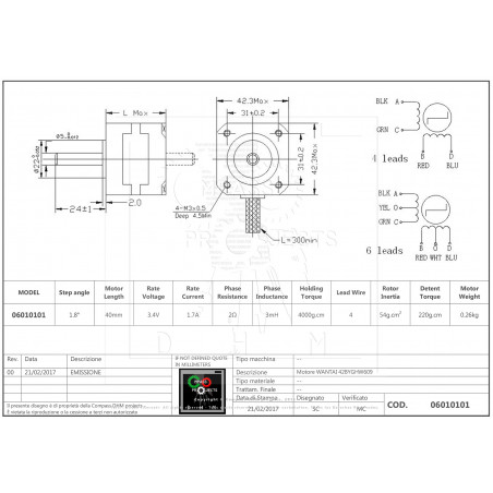 42BYGHW609 1.7A 1.8° 3.4V Motore passo passo stepper WANTAI NEMA 17 CNC 3D print