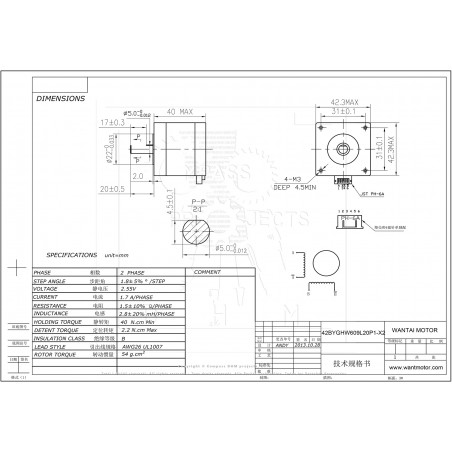 42BYGHW609L20P1-X 1.7A 1.8° conector Motor paso a paso stepper WANTAI NEMA 17 CNC Impresión 3D