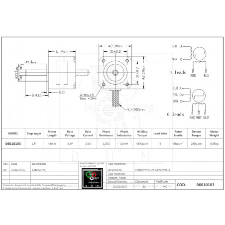 42BYGHW811 2.5A 1.8°Motore passo passo stepper WANTAI NEMA 17 CNC 3D print
