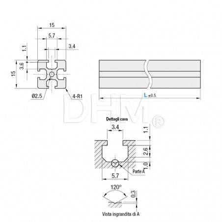 SERIE 3 - Schlitz 5mm - SCHNITT NACH MASS Strukturprofile 15x15 - eloxierte stranggepresste Aluminiumprofile