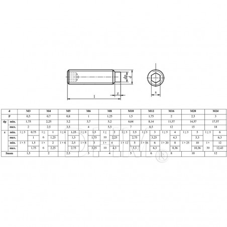 Douille hexagonale M24x70 pointe cylindrique - vis sans tête en acier
