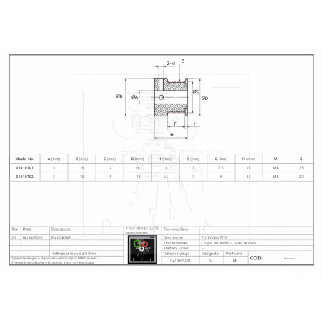 Zahnriemenrad T2.5 / 6mm breit Ø5 mm 20 teeth