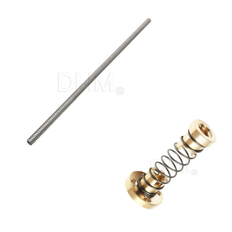 Trapezoidal endless screw Ø8 mm 4 principles pitch 2 mm length 15 cm + T8 Anti-Backlash bushing Trapezoidal screws T8 0507080...