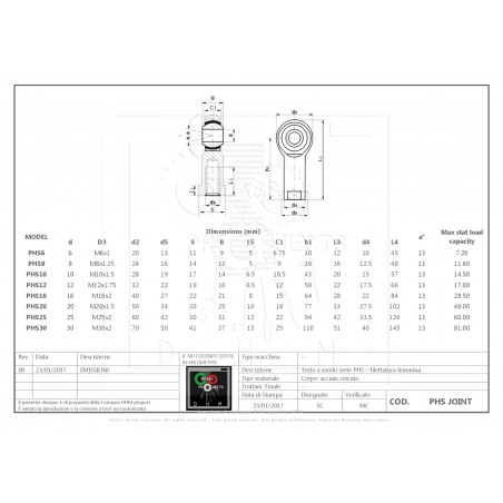 Female U-head joint - PHS Series - PHS6 F - M6x1 - left-hand thread