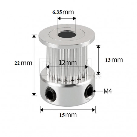 Poulie GT2 Ø 6.35mm 20 dents pour courroie H12mm - hauteur 22mm