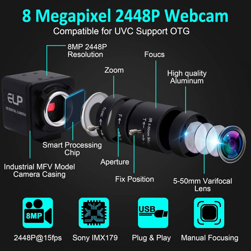 ELP 8-megapixel webcam with 5- to 50-mm Variofokus HD lens