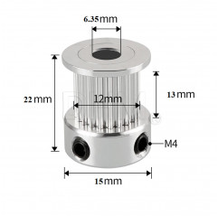 GT2 Riemenscheibe Ø 6.35mm 20 Zähne für Riemen H12mm - Höhe 22mm