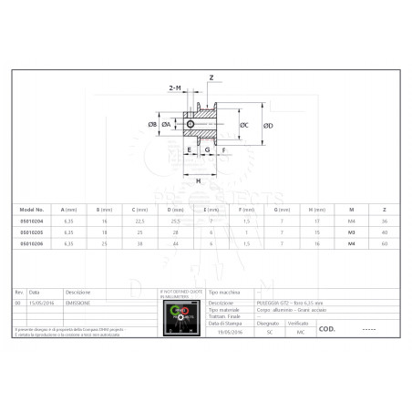 Polea dentada GT2 / 6 mm Ø6.35 mm 60 teeth