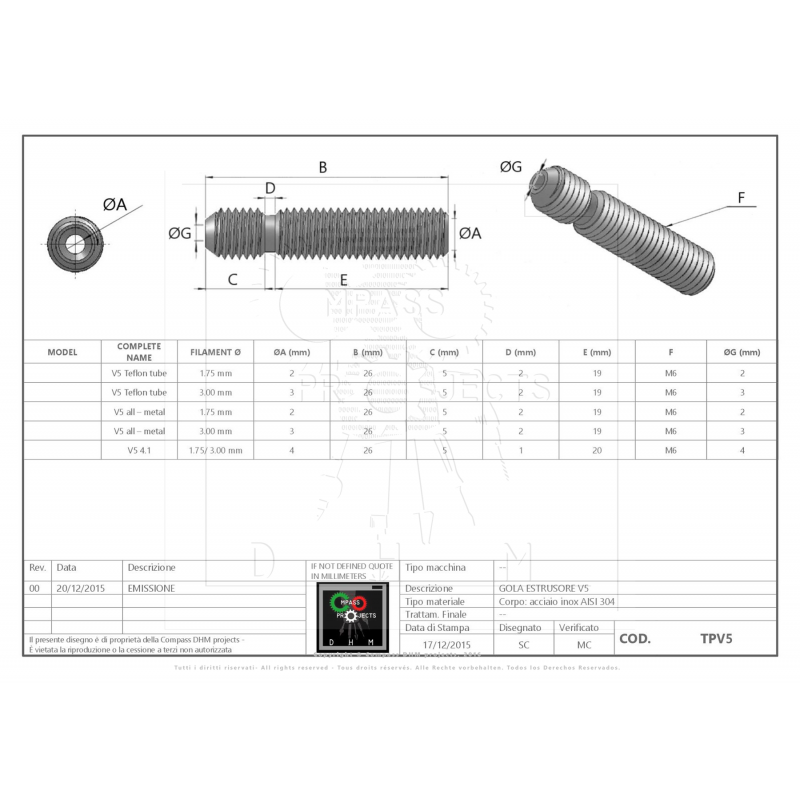 Embuot throat V5 extrudeuse imprimante 3D RepRap Mené avec du PTFE 100301 DHM Embuot throat V5 extrudeuse imprimante 3D RepRap Mené avec du PTFE 100301 DHM